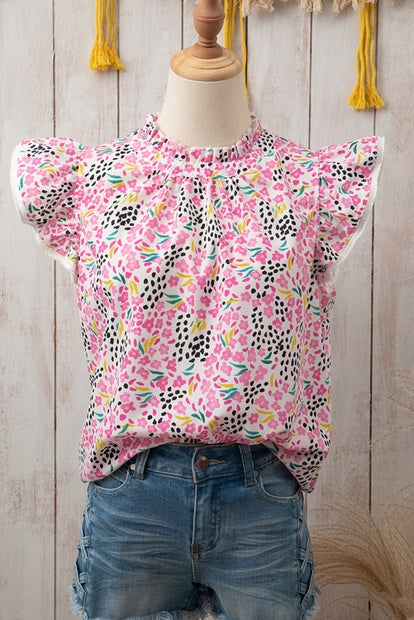 Abstract Print High Neck Flutter Sleeve Top