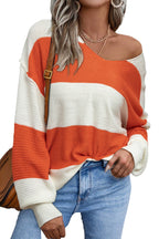 Red Stripe Colorblock V Neck Side Slits Sweater