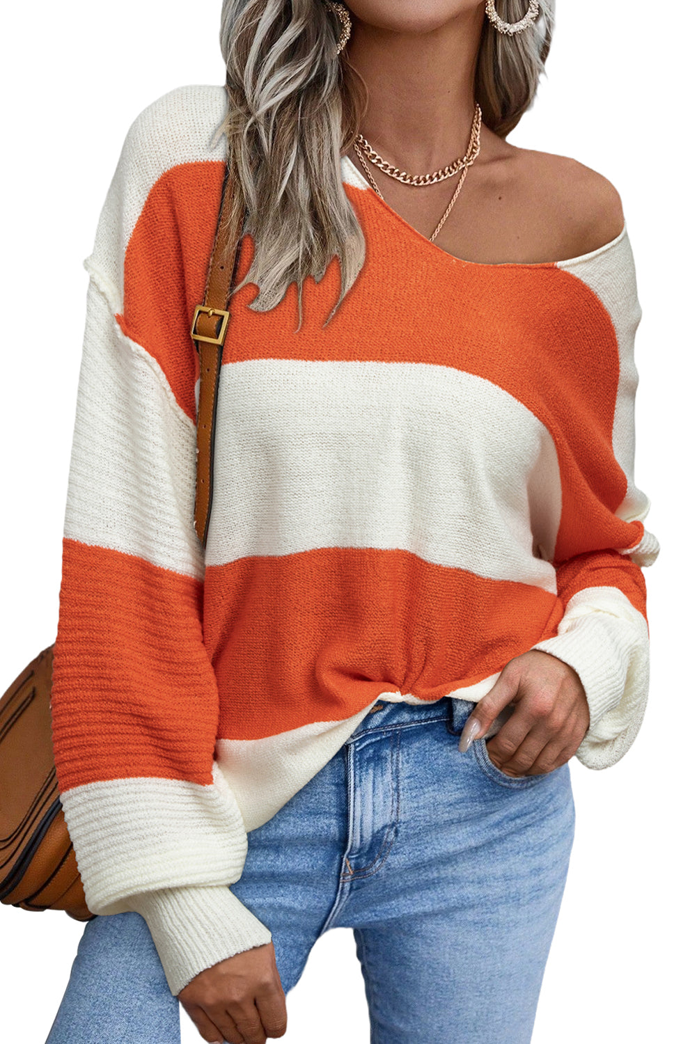 Red Stripe Colorblock V Neck Side Slits Sweater