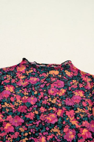 Rose Slim Fit Floral Mesh Long Sleeve Mock Neck Top