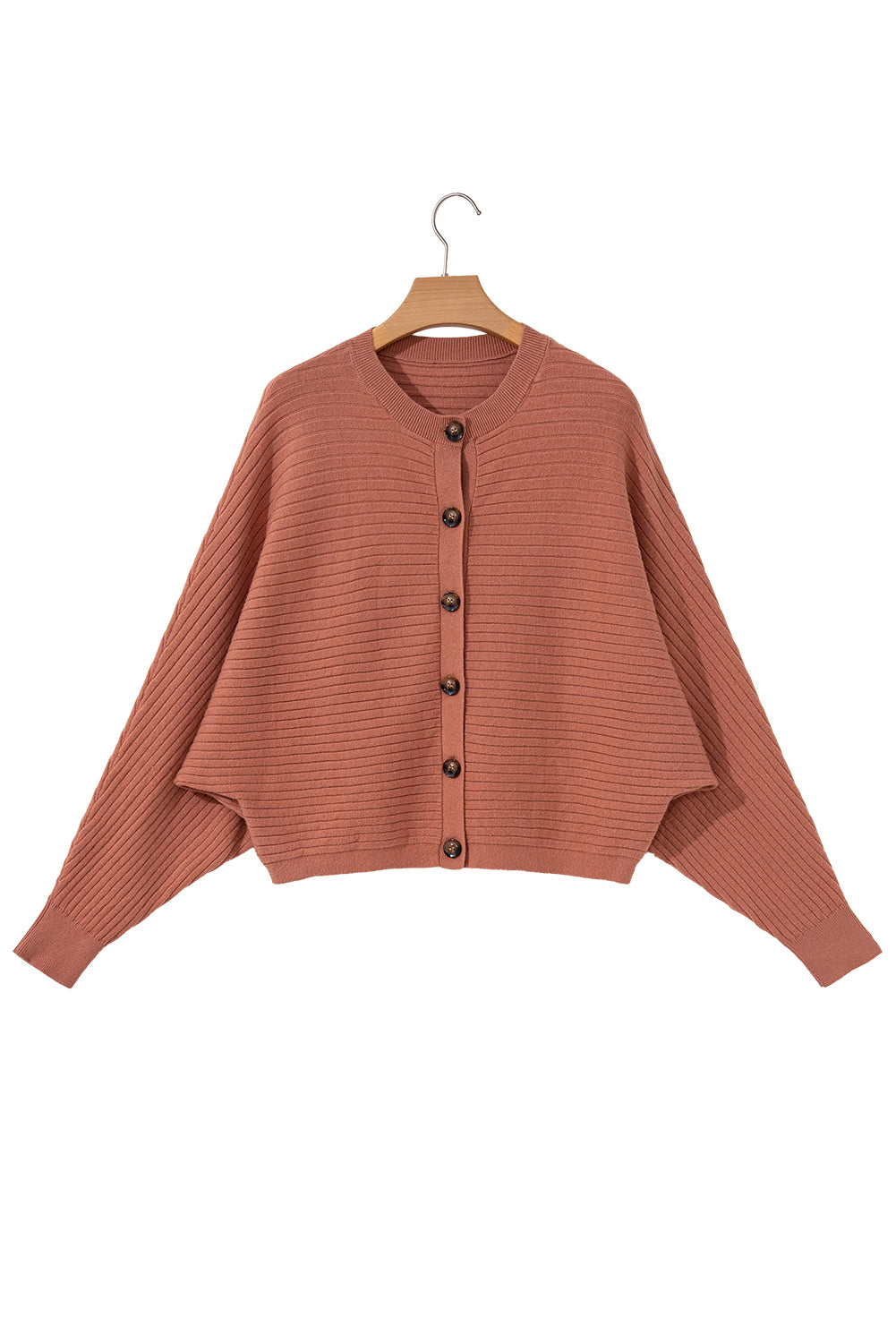 Apricot Pink Rib Knit Button Front Dolman Sleeve Cardigan