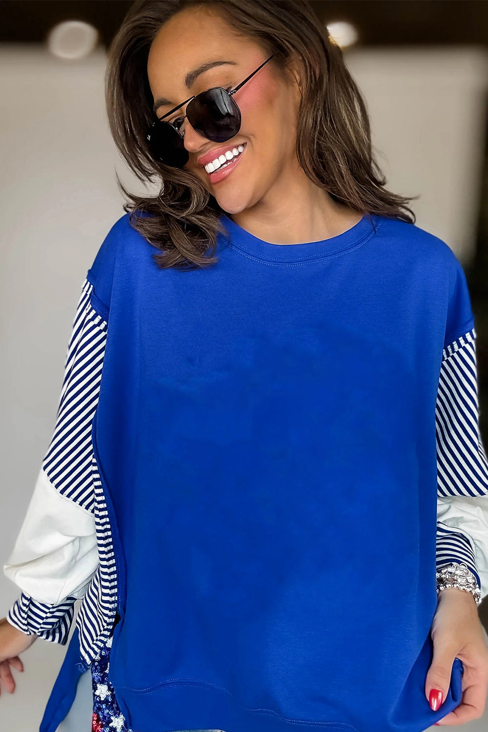 Racing Red Striped Patchwork Sleeve Colorblock Sweatshirt