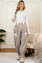 Brown Striped Pocket Knot Detail Lantern Pants