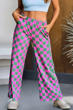 2-Tone Checked Print High Waist Wide Leg Pants