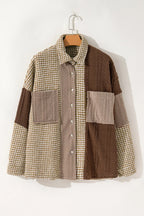 Khaki Houndstooth Color Contrast Textured Patchwork Loose Jacket