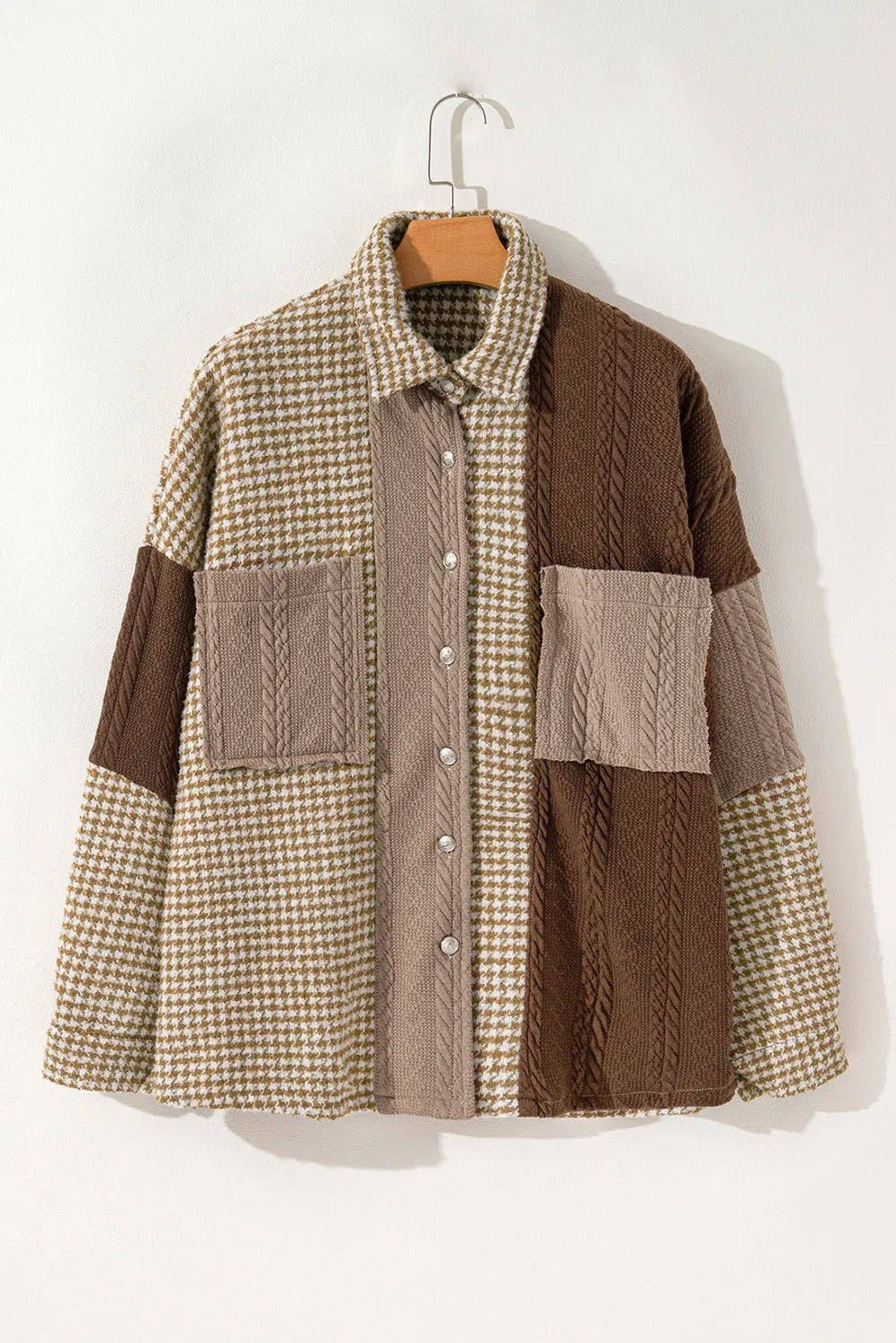 Khaki Houndstooth Color Contrast Textured Patchwork Loose