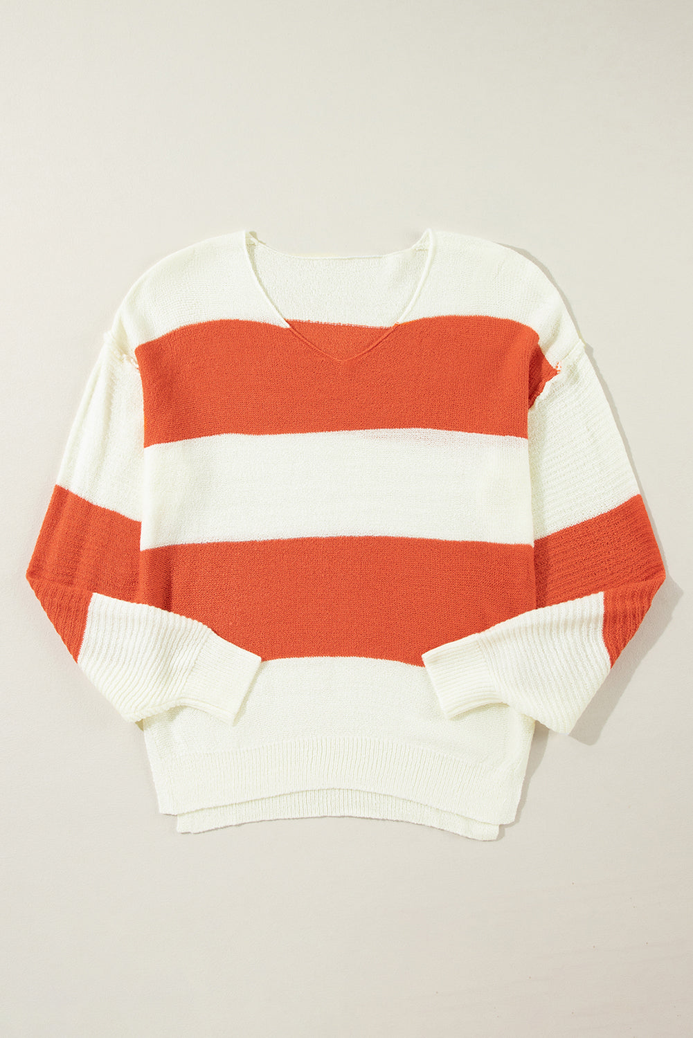 Red Stripe Colorblock V Neck Side Slits Sweater