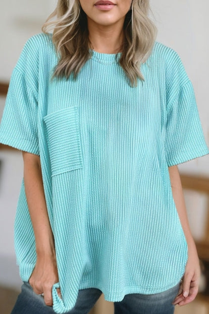 Women Solid Rib Chest Pocket Loose Fit Round Neck Top
