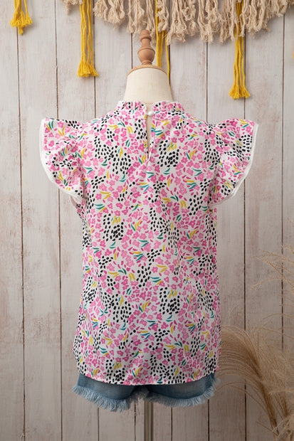 Abstract Print High Neck Flutter Sleeve Top