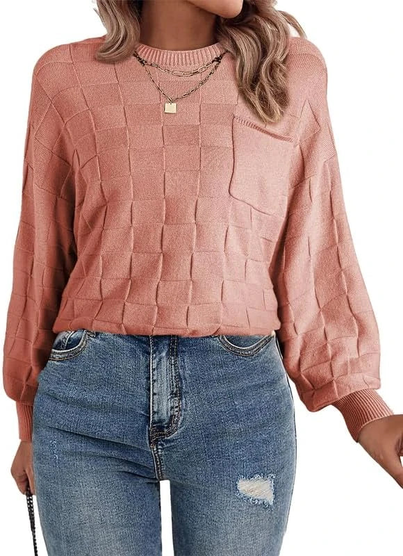 Checkerboard Knit Crewneck Sweater