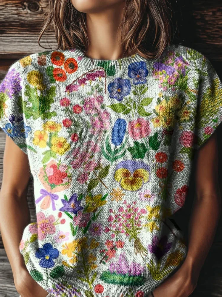 Floral Print Short-Sleeve Knit Sweater