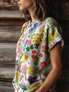 Floral Print Short-Sleeve Knit Sweater