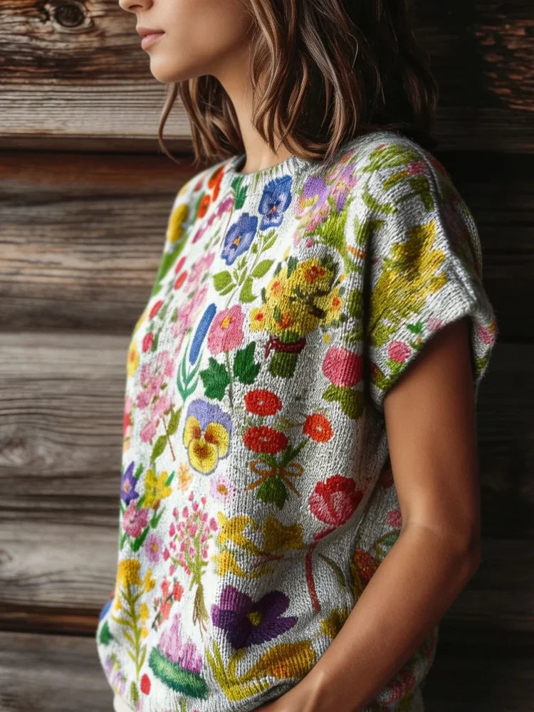 Floral Print Short-Sleeve Knit Sweater