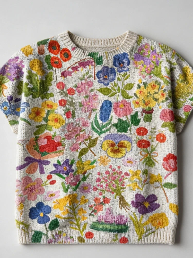 Floral Print Short-Sleeve Knit Sweater