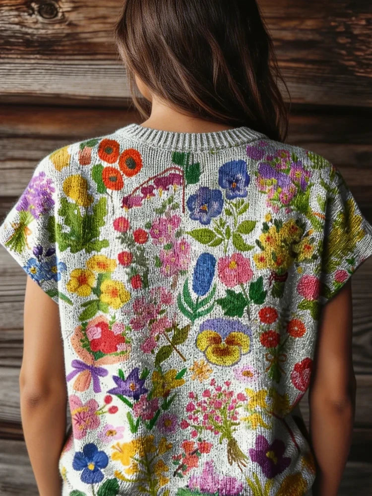 Floral Print Short-Sleeve Knit Sweater
