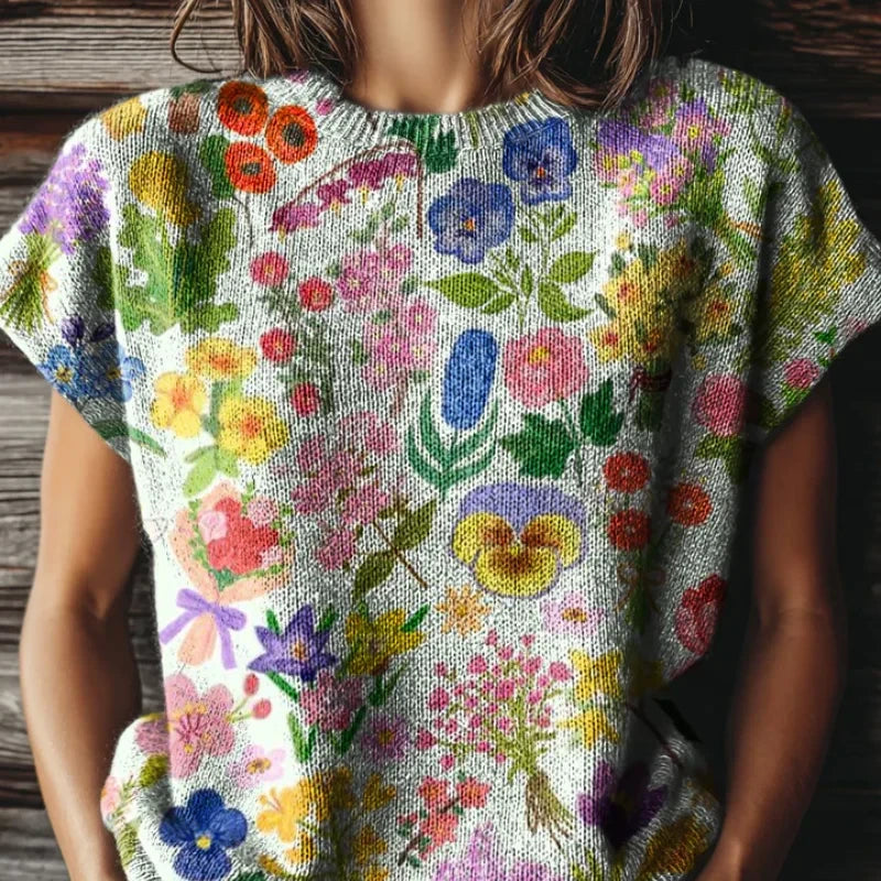 Floral Print Short-Sleeve Knit Sweater