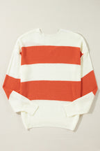 Red Stripe Colorblock V Neck Side Slits Sweater