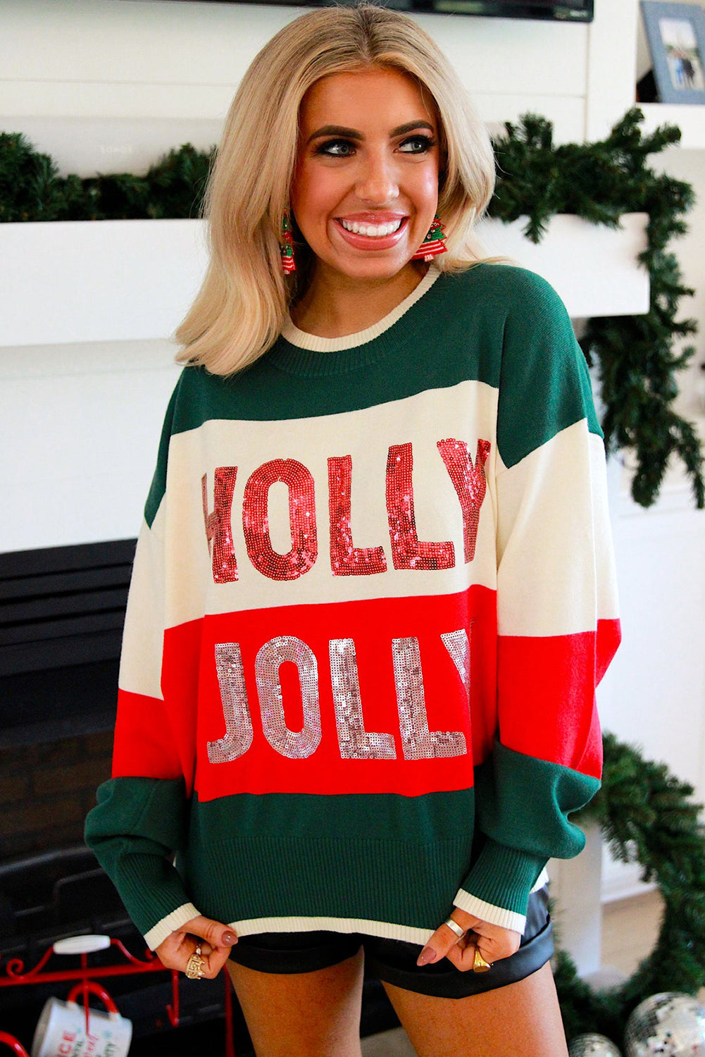 Green HOLLY JOLLY Sequined Colorblock Crew Neck Sweater