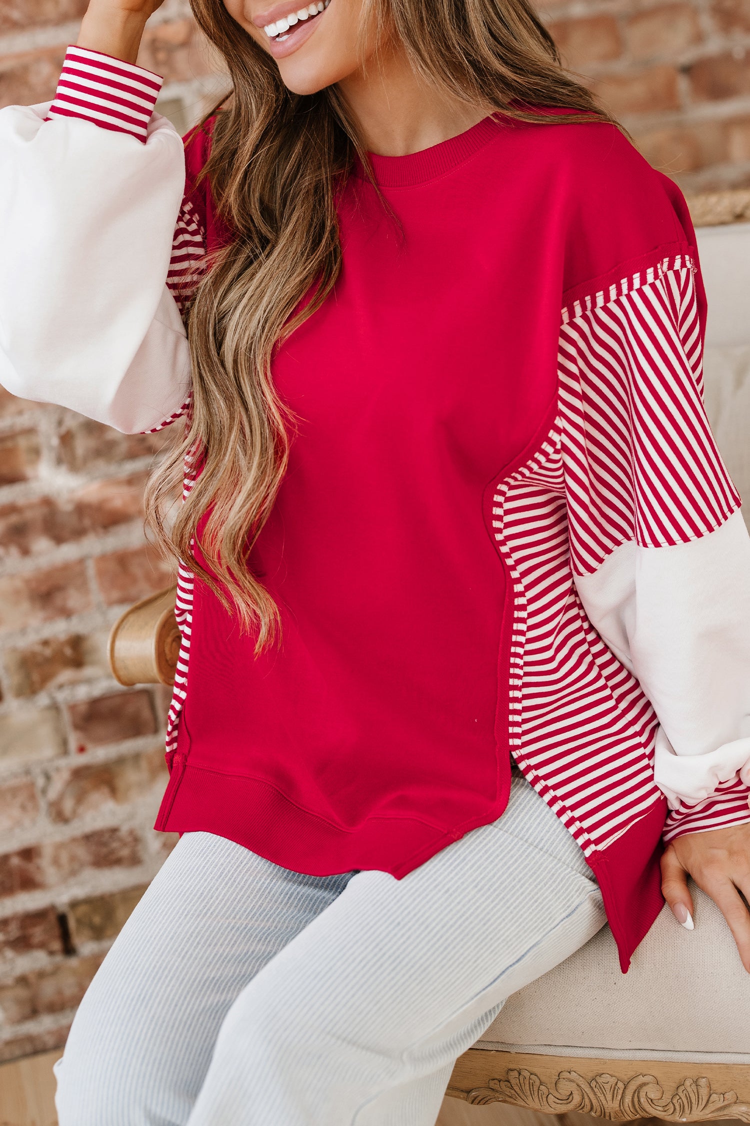 Fiery Red Striped Patchwork Sleeve Colorblock Sweatshirt