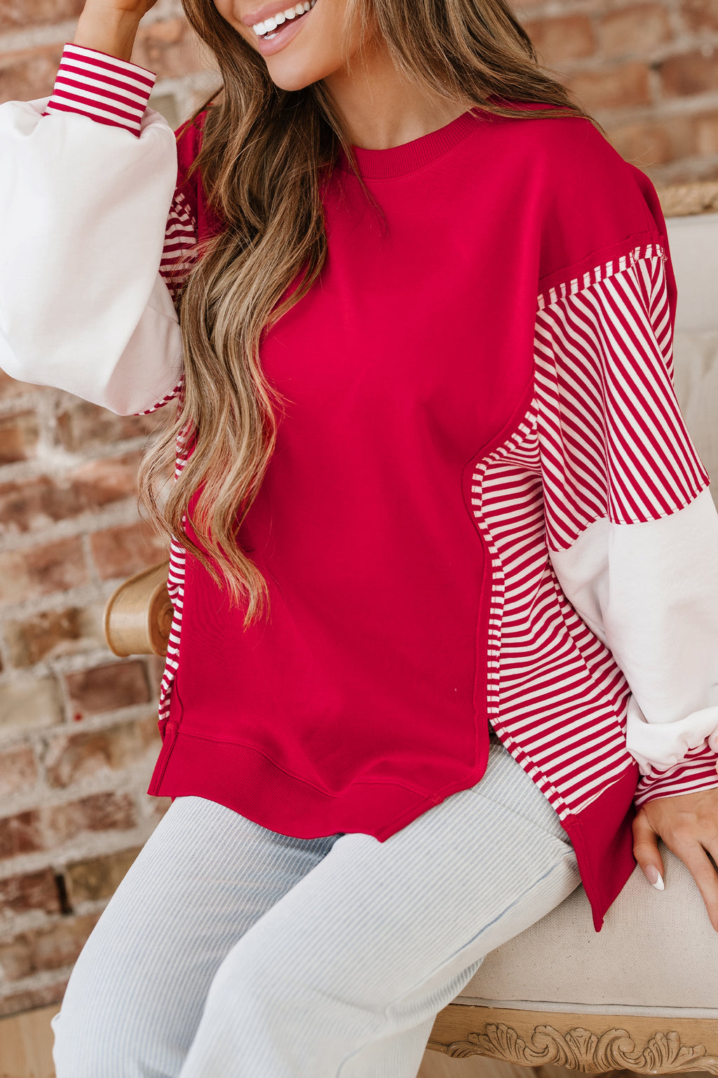 Racing Red Striped Patchwork Sleeve Colorblock Sweatshirt