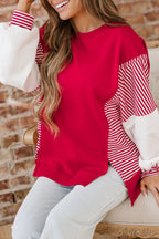 Racing Red Striped Patchwork Sleeve Colorblock Sweatshirt