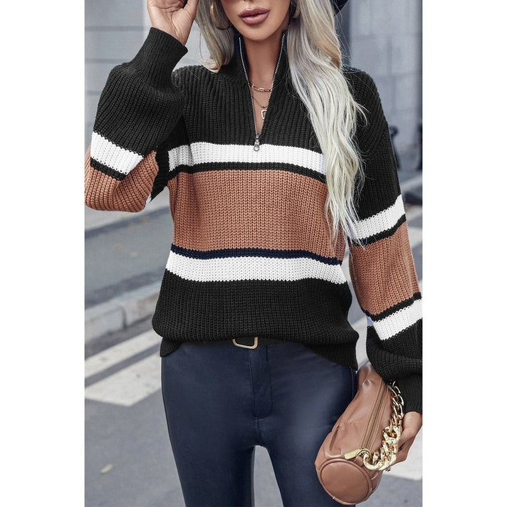 Half Zipper Strip Knit Loose Fit Sweater