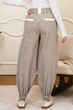 Brown Striped Pocket Knot Detail Lantern Pants