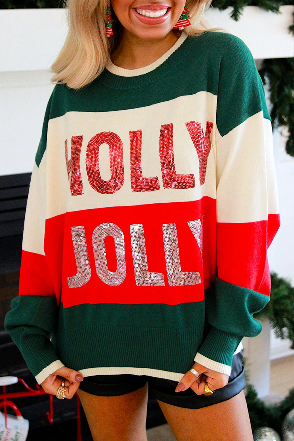 Green HOLLY JOLLY Sequined Colorblock Crew Neck Sweater