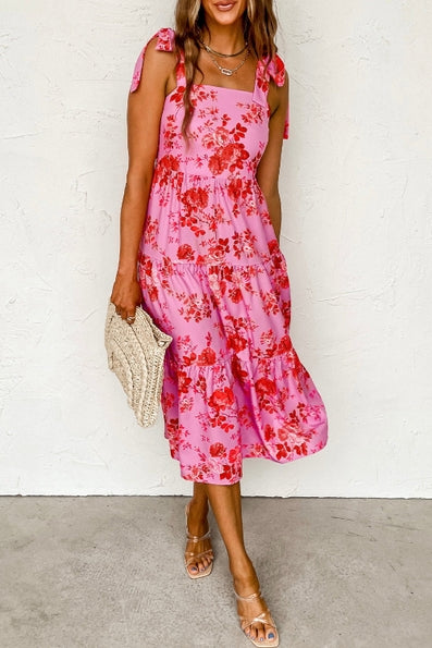 Pink Tie Shoulders Straps Tiered Floral Dress