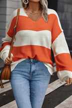 Red Stripe Colorblock V Neck Side Slits Sweater