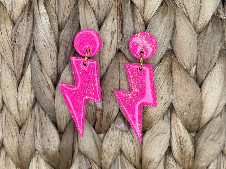 Glitter Pink Lighting Bolt Dangle Handmade Clay Earrings
