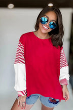 Racing Red Striped Patchwork Sleeve Colorblock Sweatshirt