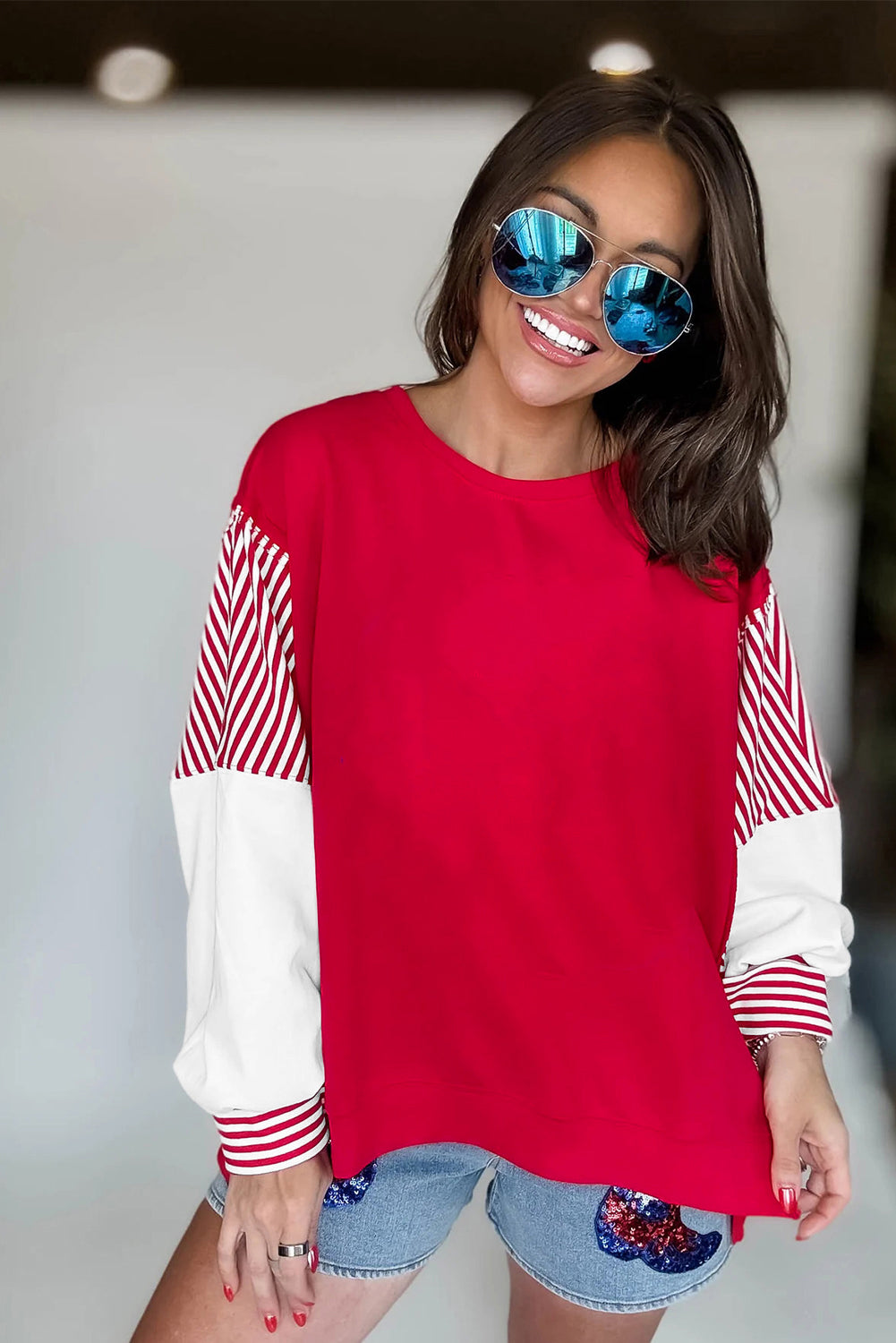 Racing Red Striped Patchwork Sleeve Colorblock Sweatshirt