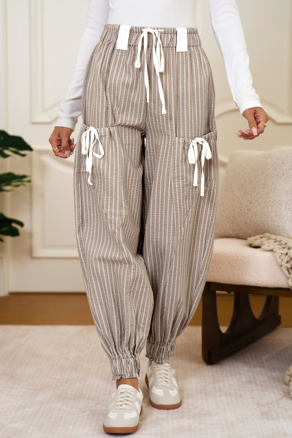 Brown Striped Pocket Knot Detail Lantern Pants