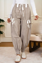 Brown Striped Pocket Knot Detail Lantern Pants