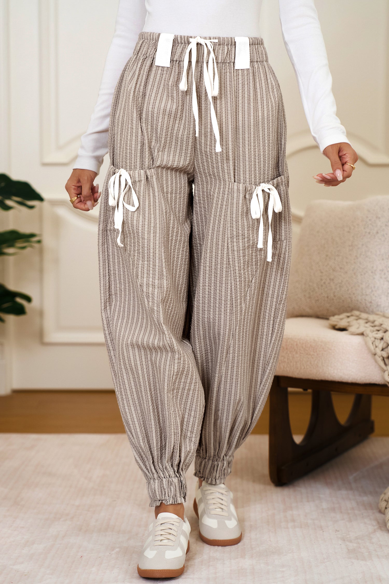 Brown Striped Pocket Knot Detail Lantern Pants
