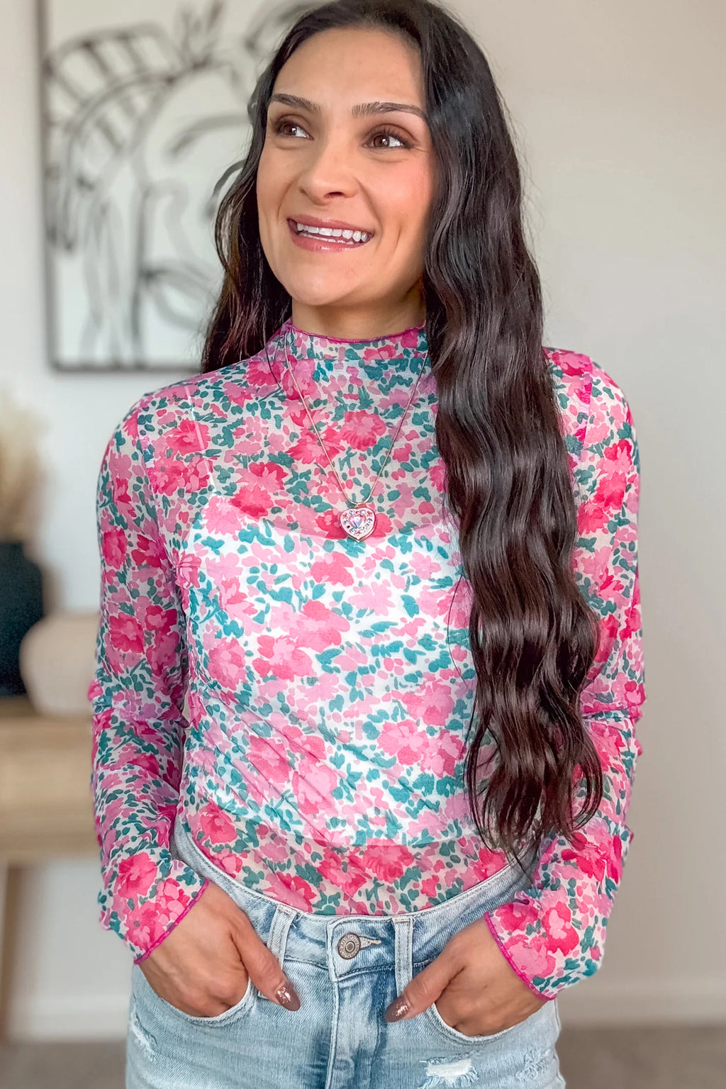 Rose Slim Fit Floral Mesh Long Sleeve Mock Neck Top