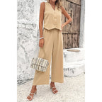 Sleeveless Button Deep V Neck Pockets Solid Sets