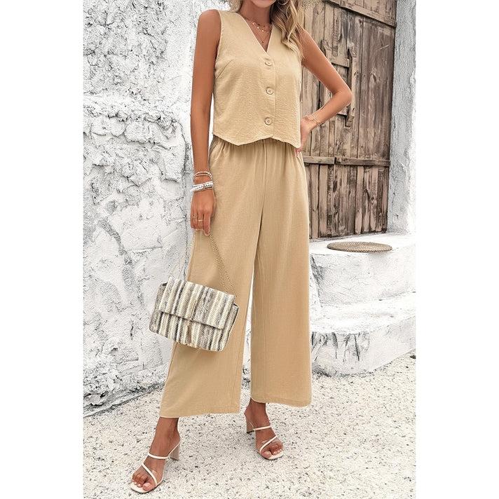 Sleeveless Button Deep V Neck Pockets Solid Sets