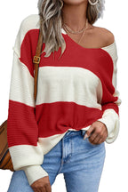 Red Stripe Colorblock V Neck Side Slits Sweater