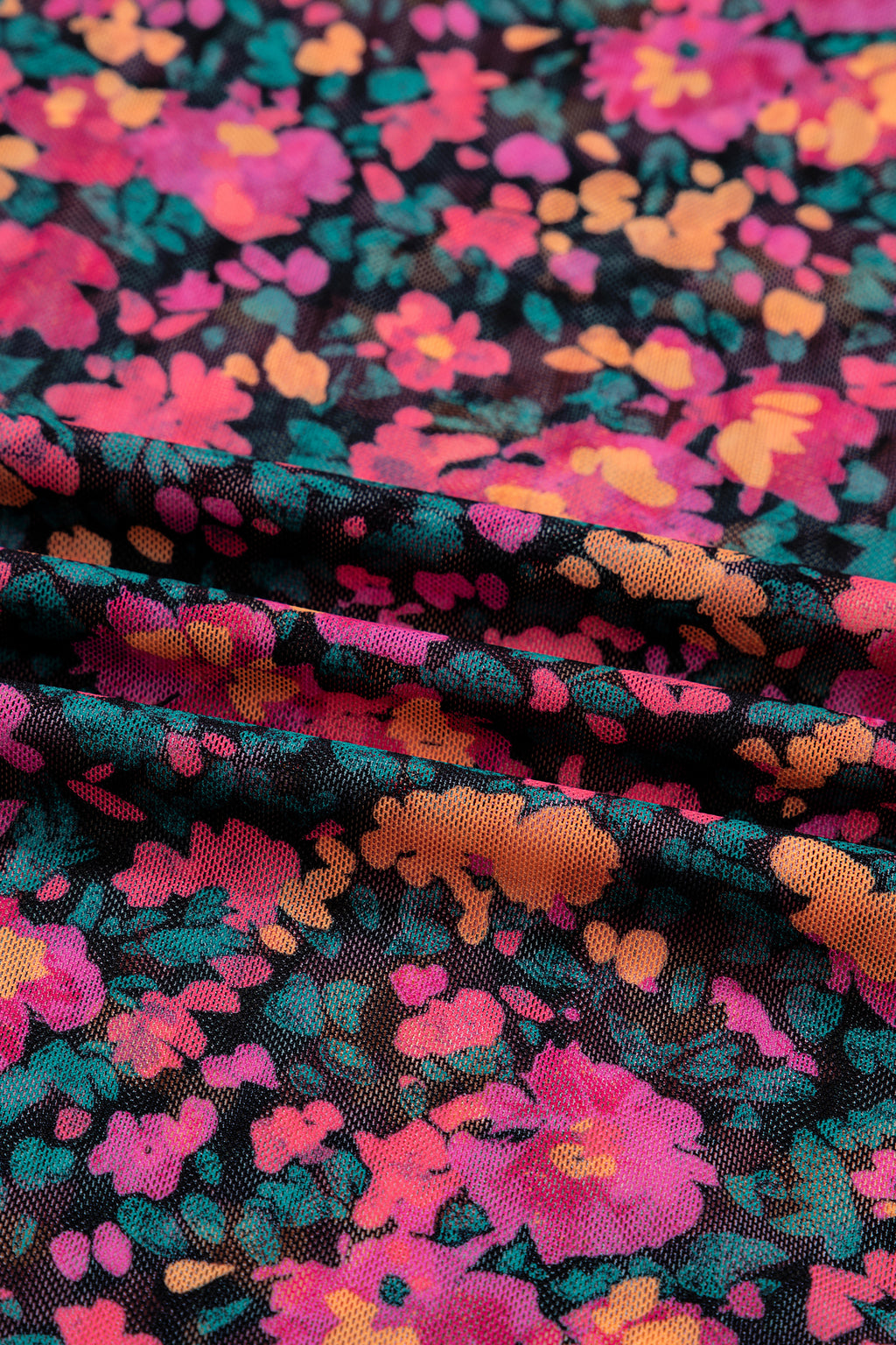 Rose Slim Fit Floral Mesh Long Sleeve Mock Neck Top