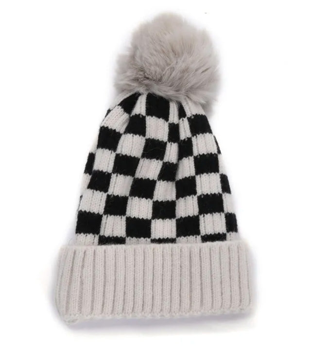 Checkered Pom Pom Hat
