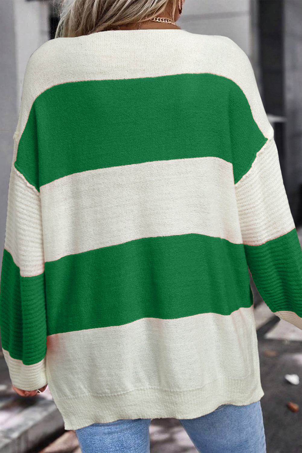 Red Stripe Colorblock V Neck Side Slits Sweater