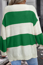 Red Stripe Colorblock V Neck Side Slits Sweater