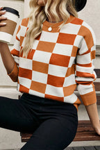Orange Checkered Ribbed Edge Drop Shoulder Sweater