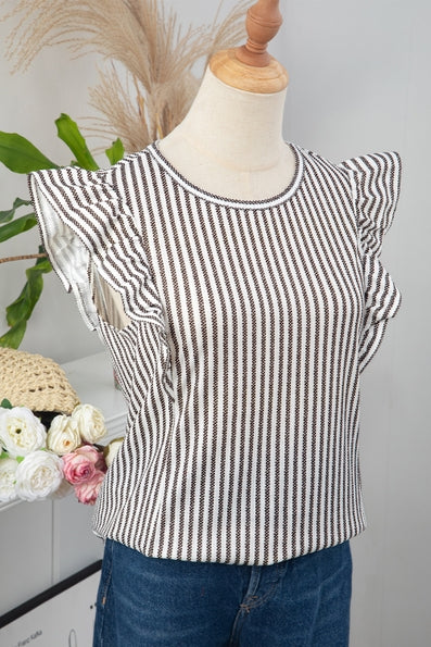 Crew Neck Ruffled Striped Tank Top