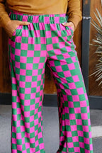 2-Tone Checked Print High Waist Wide Leg Pants