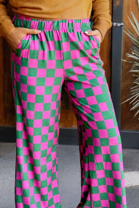 2-Tone Checked Print High Waist Wide Leg Pants