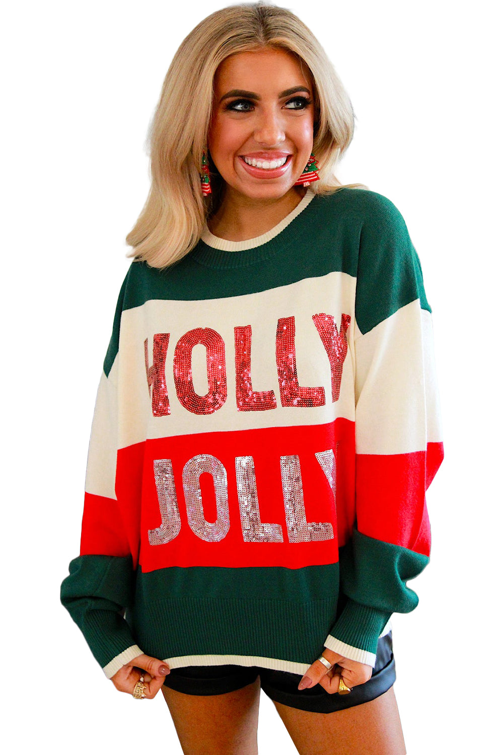 Green HOLLY JOLLY Sequined Colorblock Crew Neck Sweater