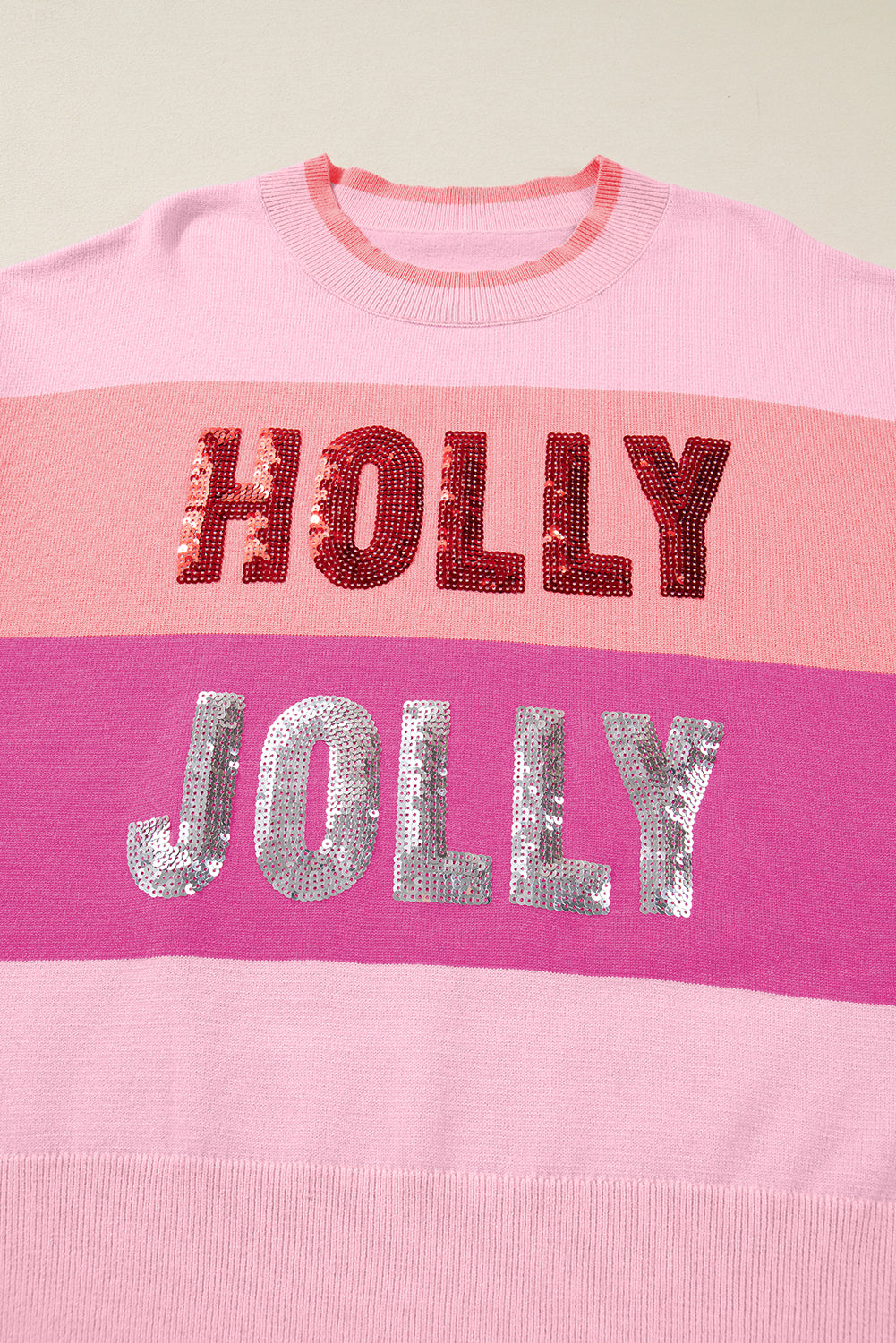 Green HOLLY JOLLY Sequined Colorblock Crew Neck Sweater